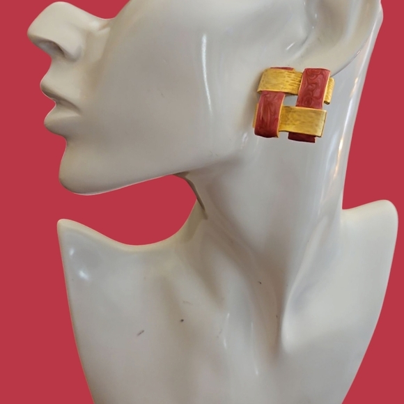 Vintage MCM Gold and Pink Woven Square Mod Cubism Earrings - Picture 1 of 4